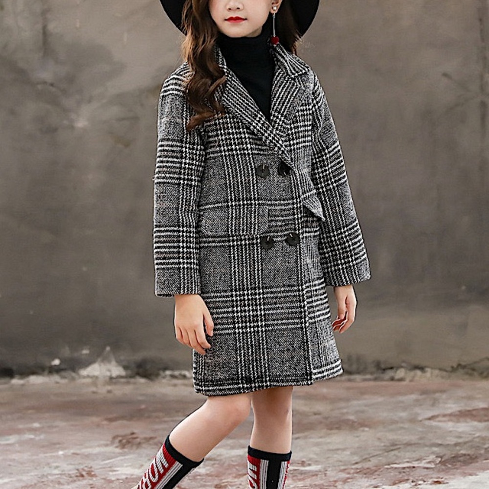 Girls' Black & White Plaid Double-Breasted Pea Coat